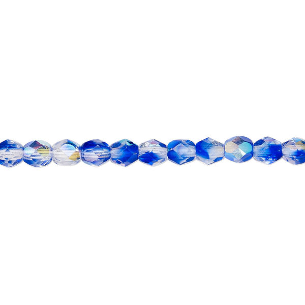 Bead, Czech fire-polished glass, two-tone, crystal/dark blue AB, 4mm faceted round. Sold per 15-1/2" to 16" strand. image number 0