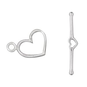 Clasp toggle 1pkg1 sterling silver, 16x13mm heart, 1-strand