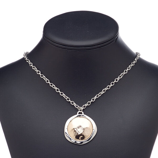 Necklace, copper-plated "pewter" (zinc-based alloy) / imitation rhodium-plated steel / "pewter" (zinc-based alloy), 38mm domed flat round, 18 inches with 3-inch extender chain and lobster claw clasp. Sold individually. image number 0
