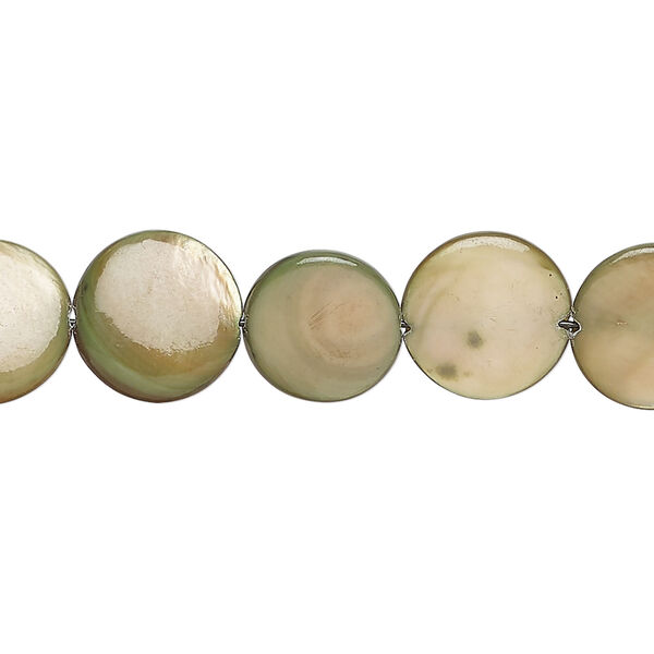 Mother-of-pearl shell 1pkg1, puffed flat round bead 14 inch brown and green 11-12mm image number 0