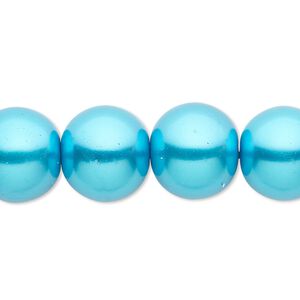 Bead, crystal pearl, turquoise blue, 14mm round. Sold per 15-1/2" to 16" strand, approximately 25 beads.
