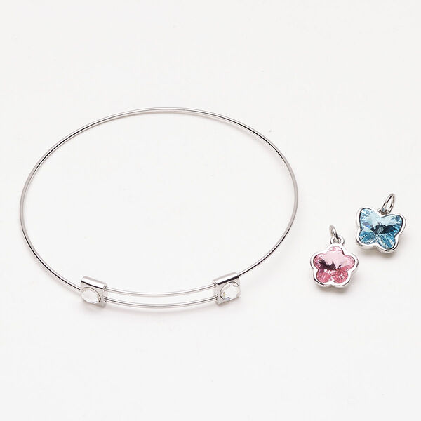Bracelet bangle charm 1pkg3 "pewter" (zinc-based alloy) / crystal, silver finish / multicolored 8 inches image number 0