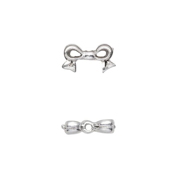 Bead, pewter (tin-based alloy), pkg/1, silver plate, 13x7mm double-sided bow, fits 6mm cube. image number 0