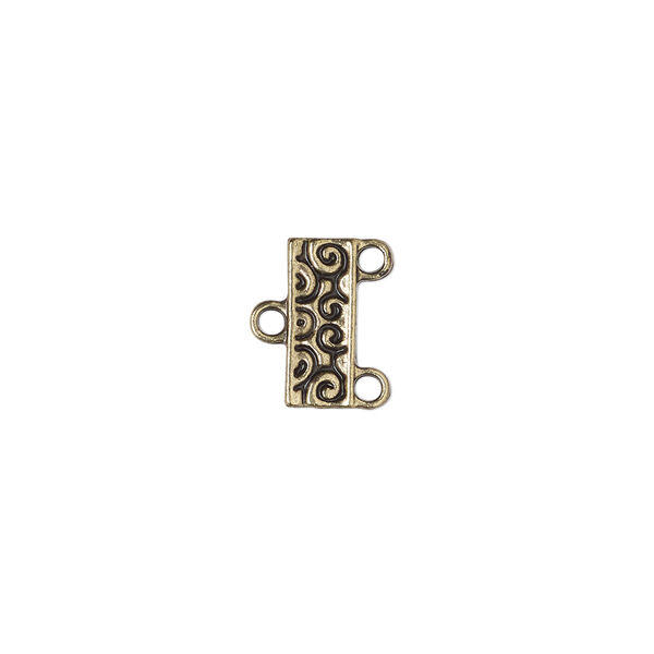 End bar, antique gold-finished "pewter" (zinc-based alloy), 12x5mm double-sided rectangle with swirl design and 2 loops. Sold per pkg of 12. image number 0