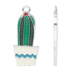 Charm, enamel and silver-finished pewter (tin-based alloy), multicolored, 33x16mm potted cactus. Sold per pkg of 2.