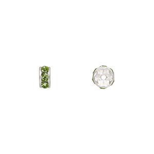 Bead 4pk peridot silver plate, Crystal Passions® 6x3.5mm rondelle 77506