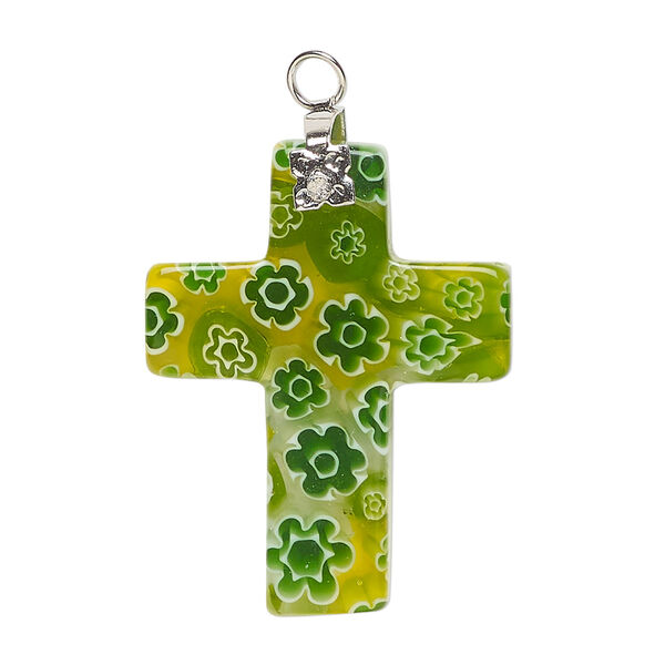Focal 1pkg1 millefiori glass and silver-finished steel, translucent green / white / yellow-green, 30x24mm-32x26mm cross. image number 0