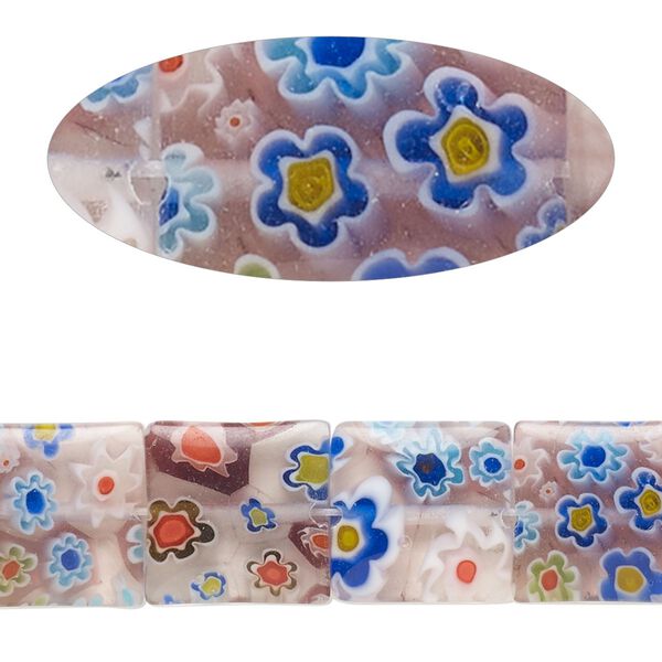 Bead, millefiori glass, translucent pink and multicolored, 11mm-13x12mm puffed square with flower design. Sold per 14-inch strand. image number 0