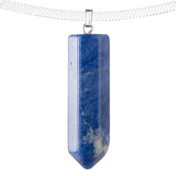 Pendant, sodalite (natural) and silver-plated "pewter" (zinc-based alloy), 43x12mm point. Sold individually. image number 0