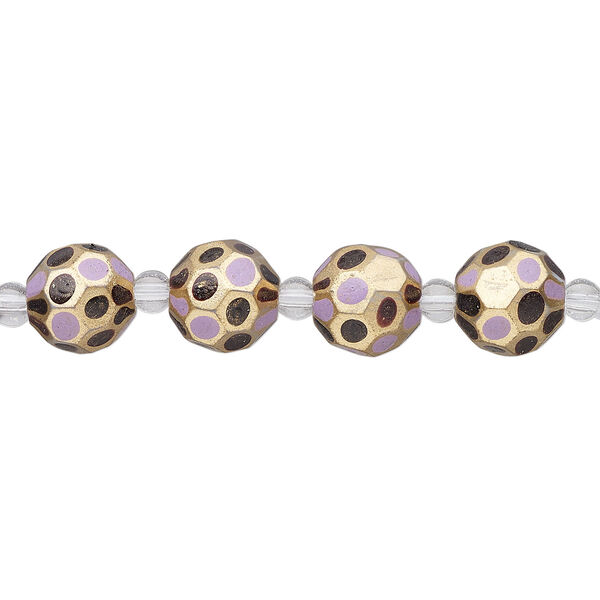 Bead, glass 1pkg4, purple / black / gold, 12mm hand-painted faceted round. image number 1