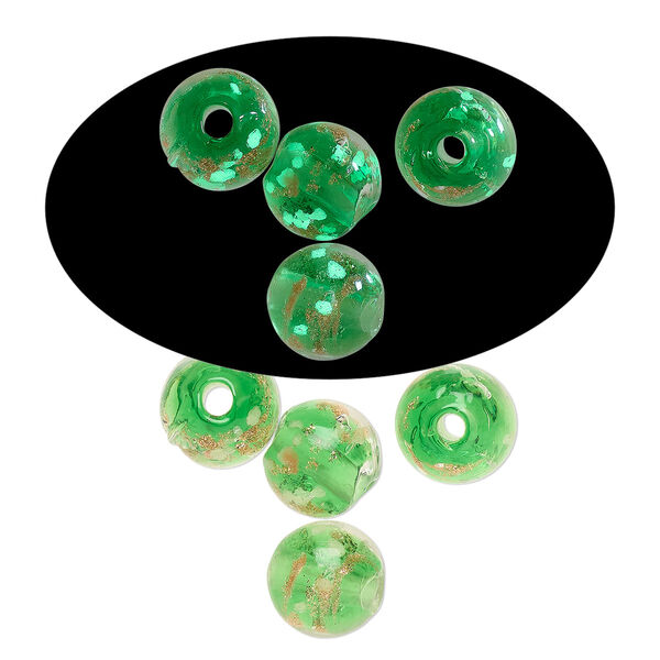 Bead, lampworked glass, clear / green / glow-in-the-dark / gold, 8mm round. Sold per pkg of 6. image number 0