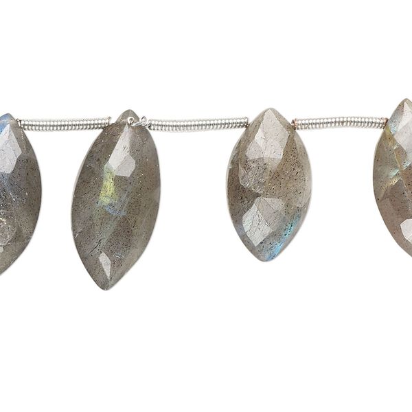 Bead, labradorite (natural), 14x8mm-22x12mm graduated top-drilled hand-cut faceted puffed marquise, B grade, Mohs hardness 6 to 6-1/2. Sold per pkg of 14. image number 0