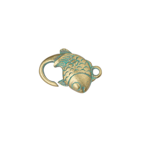 Clasp, lobster claw, antique brass-plated "pewter" (zinc-based alloy), green patina, 16.5x12mm double-sided with fish. Sold per pkg of 8. image number 0