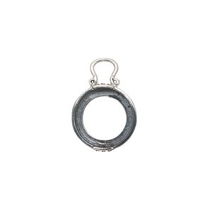 Drop, antiqued sterling silver, 13mm round with dot design and open back with 12mm 2-prong round cabochon setting. Sold individually.