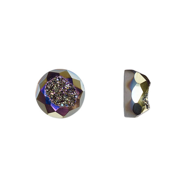 Cabochon, druzy agate (coated), purple and green, 10mm hand-cut loosely calibrated faceted round, B grade, Mohs hardness 7. Sold individually. image number 0