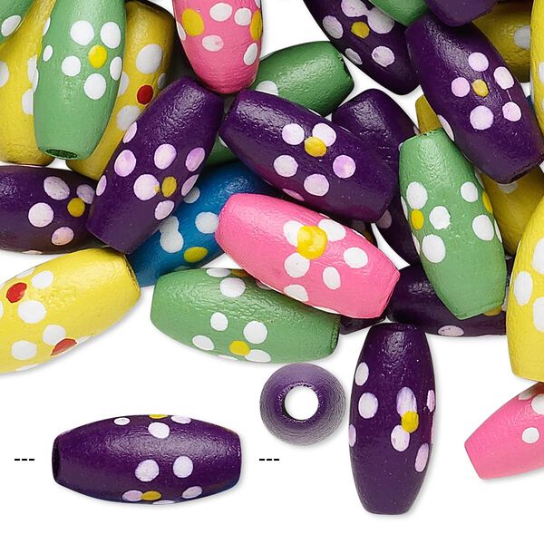 Bead mix, wood, mixed colors, 15x7mm oval with painted flowers. Sold per 90-gram pkg, approximately 420 beads. image number 0