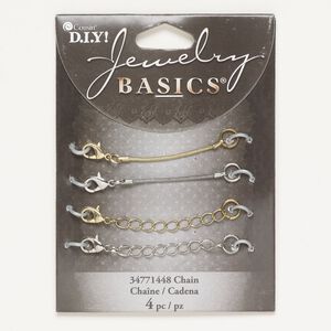 Chain extender assortment, steel, pkg/(4) 2 inches, 1.5mm snake with lobster claw clasp and 3.8mm curb with lobster claw clasp, gold finish and silver finish.