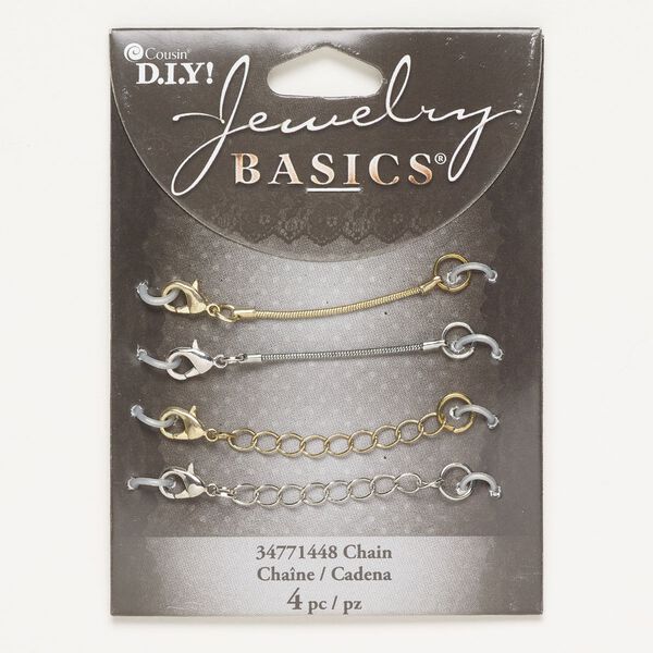Chain extender assortment, steel, pkg/(4) 2 inches, 1.5mm snake with lobster claw clasp and 3.8mm curb with lobster claw clasp, gold finish and silver finish. image number 0