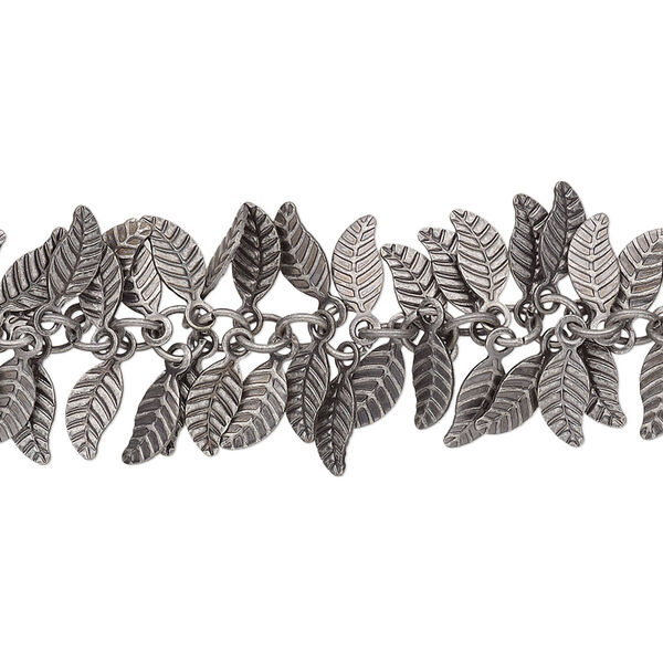 Chain, antique silver-plated brass, 7x3.5mm double-sided leaf. Sold per pkg of 1 foot. image number 0