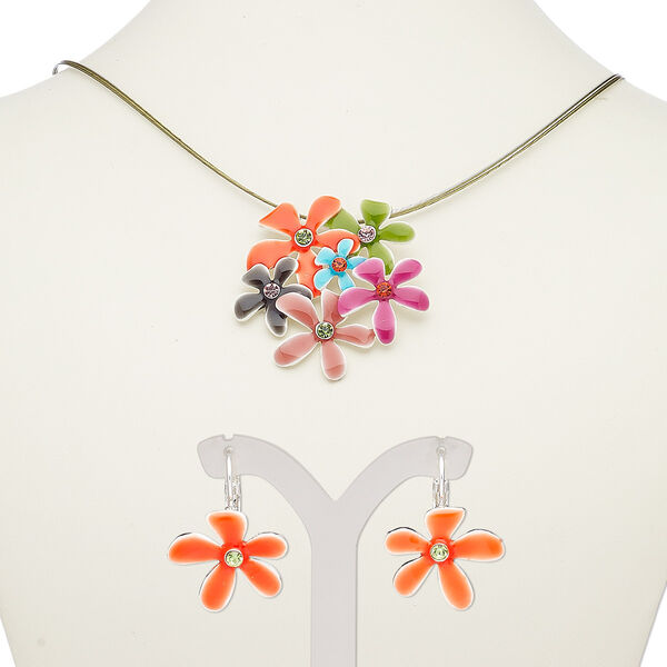 Necklace and earring set, 3-strand, enamel / glass rhinestone / silver-plated steel / "pewter" (zinc-based alloy), multicolored, flowers, 18-inch necklace with 2-inch extender chain and lobster claw clasp, 28mm earrings with leverback ear wire. Sold per set. image number 0