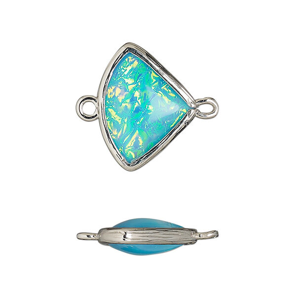 Link, Opalized Ice™, "opal" (resin) and imitation rhodium-finished brass, opaque light blue, 19x15mm double-sided fan. Sold per pkg of 4. image number 0