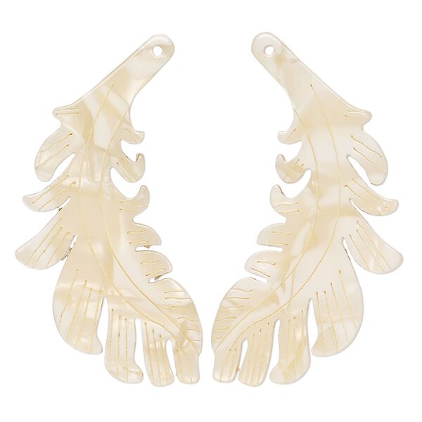 Focal, resin, tan, 46x25mm single-sided left and right-facing carved feather. Sold per pair. image number 0