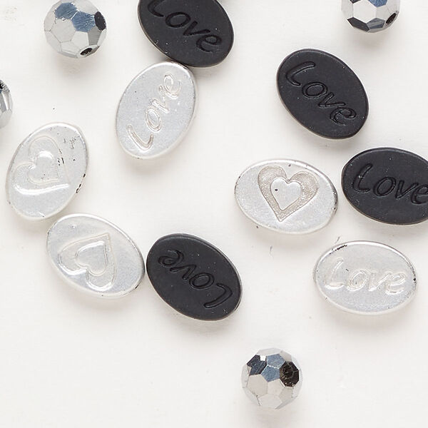 Bead 1pkg19 "pewter" (zinc-based alloy) / stainless steel / glass, 11x8mm oval / 6mm round, assortment matte silver finish / matte black finish / chrome image number 0