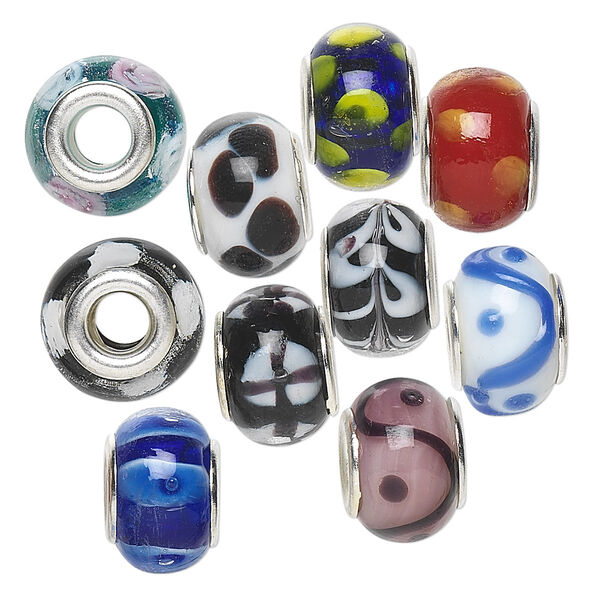 Bead mix, Dione®, lampworked glass with silver-plated brass grommets, opaque and semitransparent mixed colors, 14x9mm rondelle. Sold per pkg of 10. image number 0