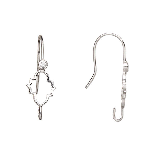 Ear wire, cubic zirconia and rhodium-plated sterling silver, 25mm fishhook with fancy diamond and open loop, 21 gauge. Sold per pair. image number 0