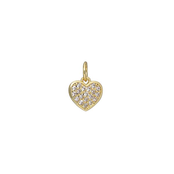 Charm, cubic zirconia and gold-finished brass, clear, 9x6mm single-sided flat heart. Sold individually. image number 0
