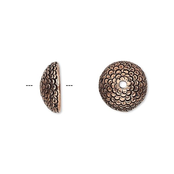 Bead cap, antique copper-plated pewter (tin-based alloy), 12.5x5mm textured round, fits 10-12mm bead. Sold per pkg of 2. image number 0
