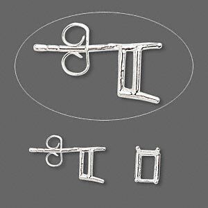 Earstud 1pkg2 Sure-Set™ sterling silver, 7x5mm emerald cut pre-notched 4-prong basket-style setting / earnuts, 1 pair