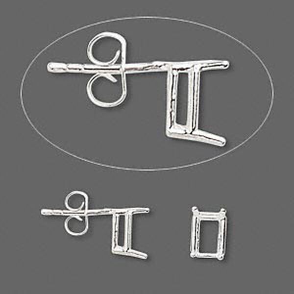 Earstud, Sure-Set™, sterling silver, 7x5mm with 4-prong emerald-cut basket setting. Sold per pair. image number 0