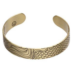 Bracelet cuff 1pkg1 antique gold-finished brass, black, 12mm wide with mermaid on outside / "Be your own kind of beautiful" on inside.