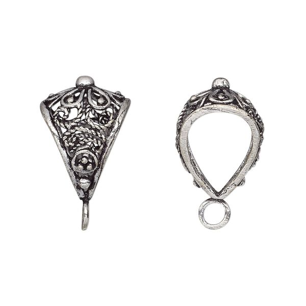 Bail, antique silver-plated brass, 18x13mm filigree with flower design and closed loop, 10mm hole. Sold per pkg of 2. image number 0