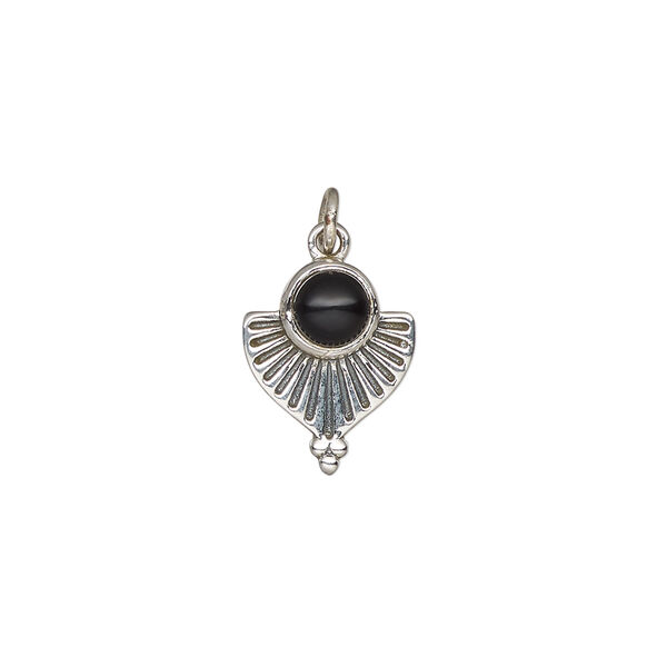 Black onyx / sterling silver 1pkg1, antiqued fan drop 14x11.5mm image number 1