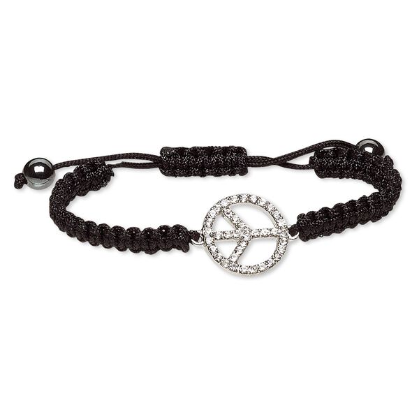 Bracelet, Hemalyke™ (manmade) / waxed cotton cord / glass rhinestone / silver-plated "pewter" (zinc-based alloy), black and clear, 20.5mm peace sign, adjustable from 7-10 inches with macramé knot closure. Sold individually. image number 0