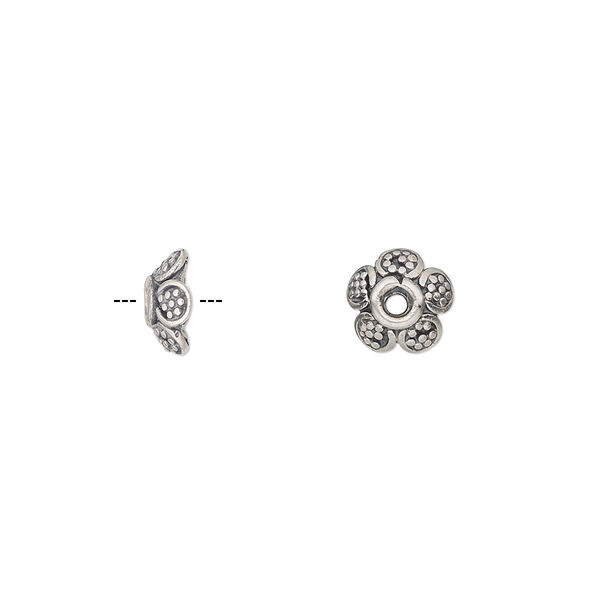 Bead cap, sterling silver, 8x3mm beaded flower with ball and coil design, fits 7-9mm bead. Sold per pkg of 2. image number 0