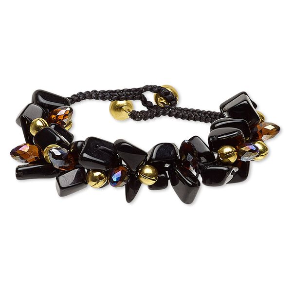 Bracelet, glass / nylon / gold-finished steel / brass, brown AB / black / opaque black, 22mm wide with chip and bells, 7 inches with button clasp. Sold individually. image number 0