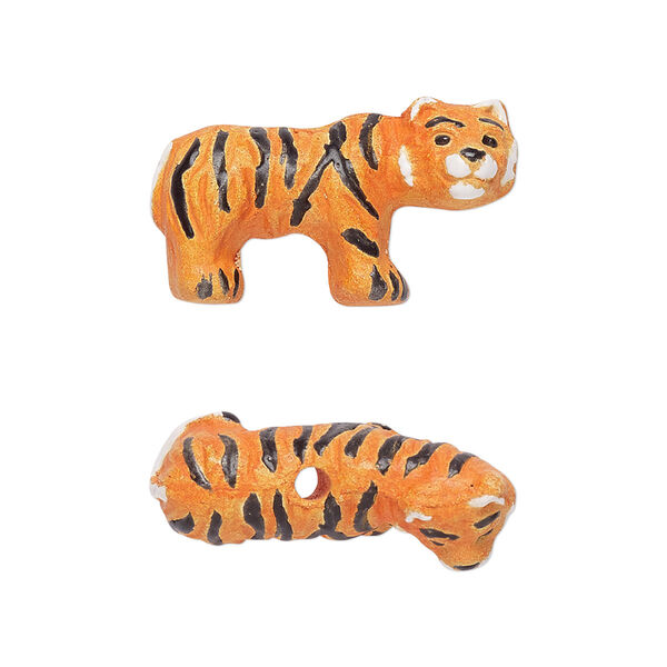 Bead, glazed ceramic, orange/black/white, 26x14mm hand-painted tiger. Sold per pkg of 2. image number 0
