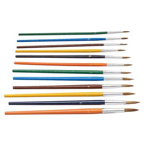 Craft brush, wood / horsehair / aluminum, assorted colors, 7 to 8-1/2 inches, sizes 1-12. Sold per 12-piece set.