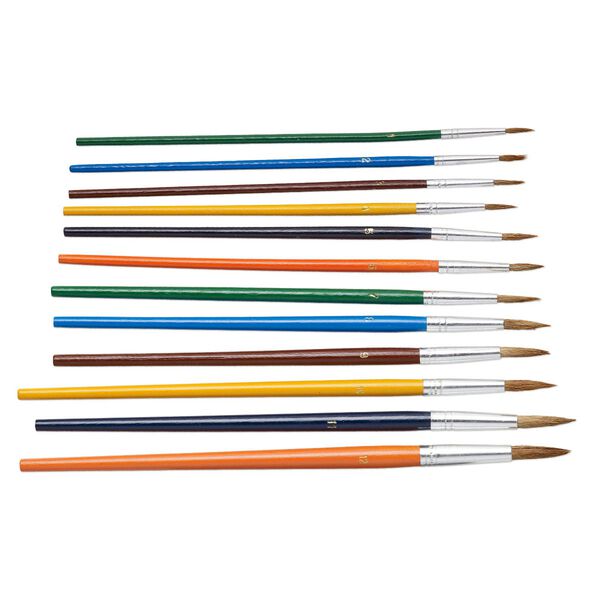 Craft brush, wood / horsehair / aluminum, assorted colors, 7 to 8-1/2 inches, sizes 1-12. Sold per 12-piece set. image number 0