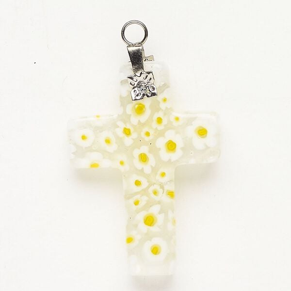 Focal 1pkg1 silver-finished steel and millefiori glass, translucent and transparent clear / yellow / white, 30x20mm-32x24mm cross. image number 0