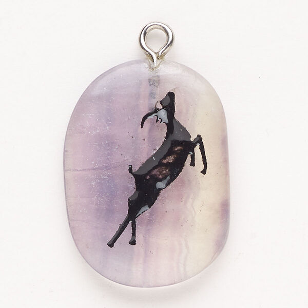 Focal, steel/rainbow fluorite (natural)/enamel, pkg/1, silver finish and black, 30x24mm-39x27mm single-sided puffed freeform with jumping deer, C grade. image number 0