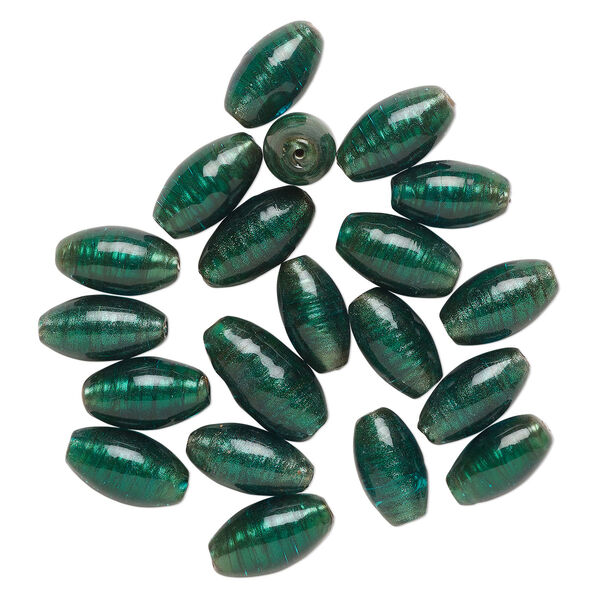 Bead, lampworked glass, translucent emerald green, 25x14mm oval with copper-colored glitter. Sold per pkg of 20. image number 0