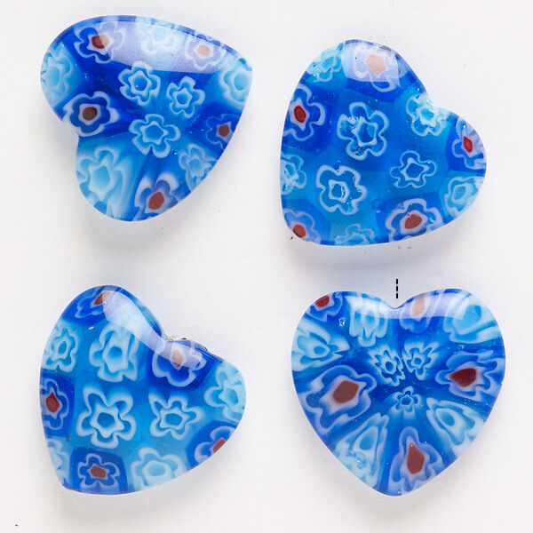 Bead, millefiori glass, pkg/4, translucent cobalt blue/red/white, 18-20mm half-drilled puffed heart. image number 0