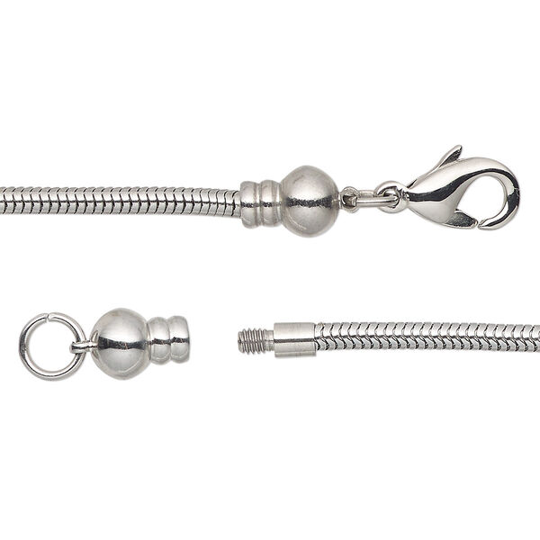 Dione® Easy-On Chain, stainless steel, 2.4mm snake, 20 inches with 3.2mm threaded ball end and lobster claw clasp. Sold individually. image number 0