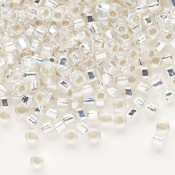 Seed bead, Dyna-Mites™, glass, silver-lined translucent rainbow clear, #6 round with square hole. Sold per 40-gram pkg. image number 0