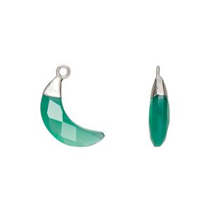 Drop, silver-plated green onyx (dyed) and electroplated sterling silver, 15x13mm hand-cut double-sided faceted moon, Mohs hardness 6-1/2 to 7. Sold individually.