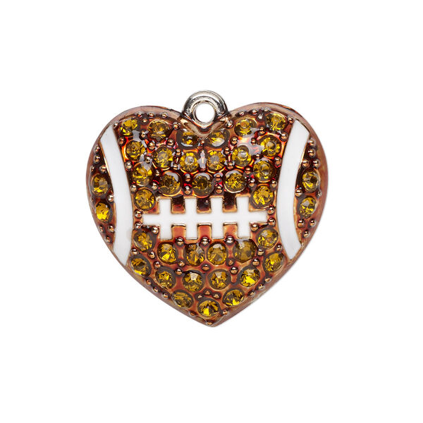 Charm, glass / painted enamel / silver-finished "pewter" (zinc-based alloy), copper / brown / white, 25.5x23mm single-sided domed football heart. Sold individually. image number 0
